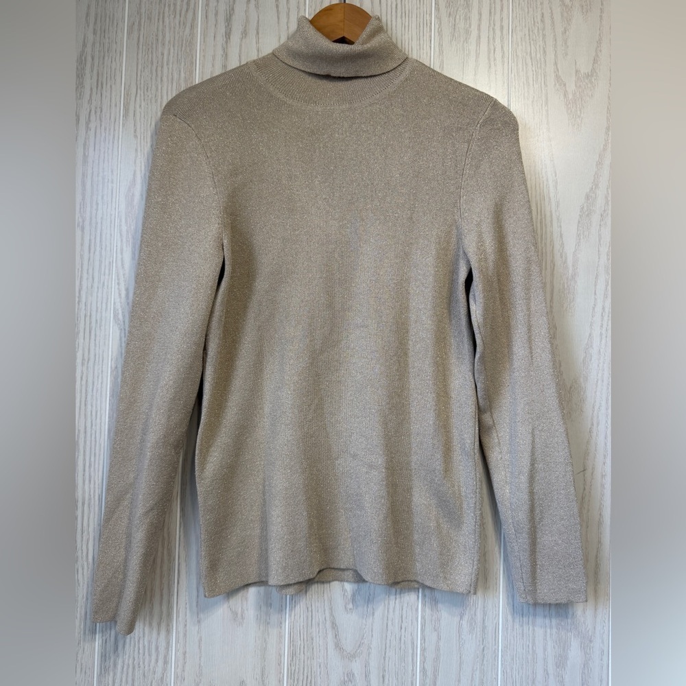 Chico’s Metallic Knit Turtleneck Sweater Size 1 Medium Gold Shimmer